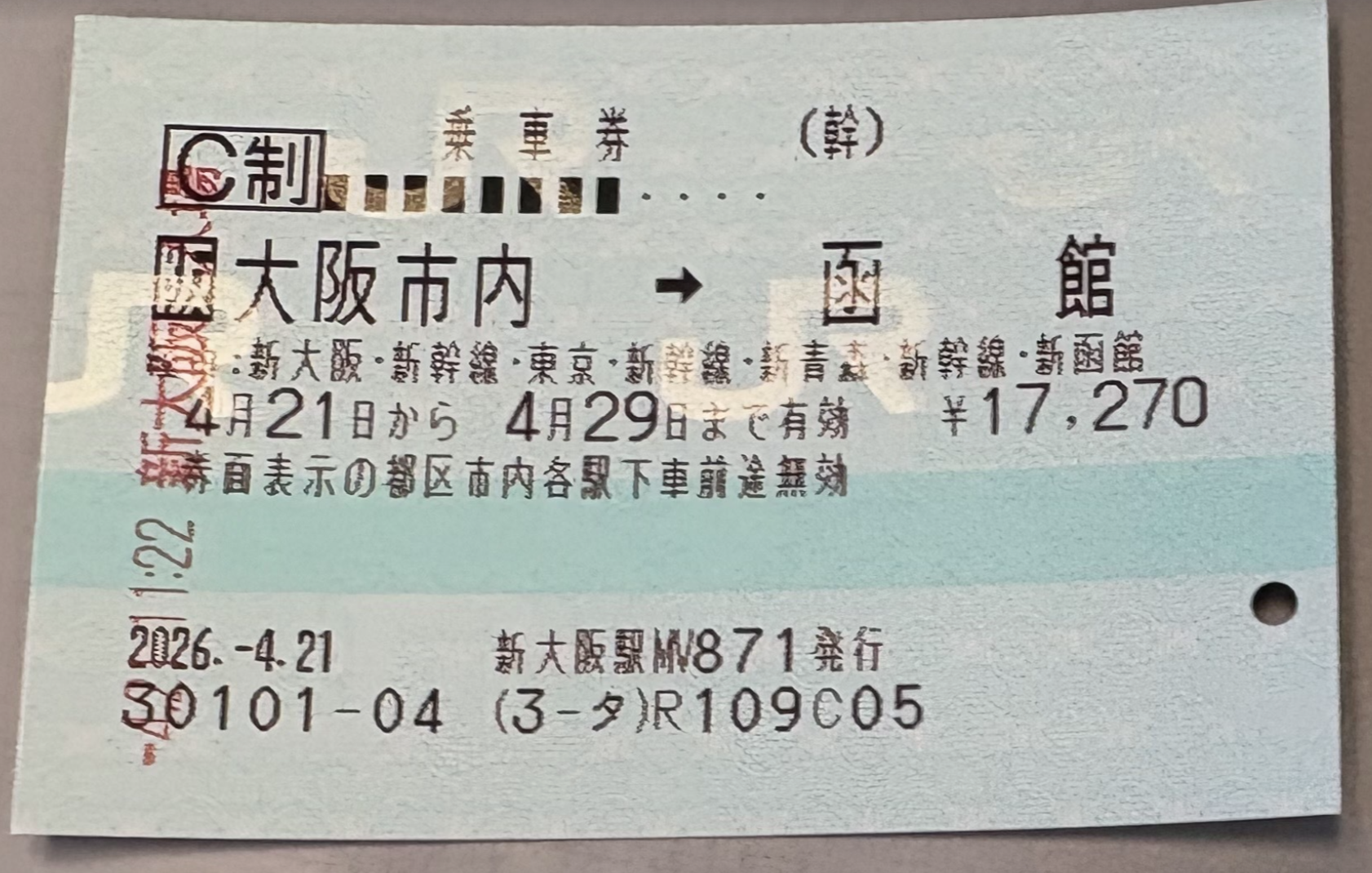 新幹線の切符。大阪市内→函館